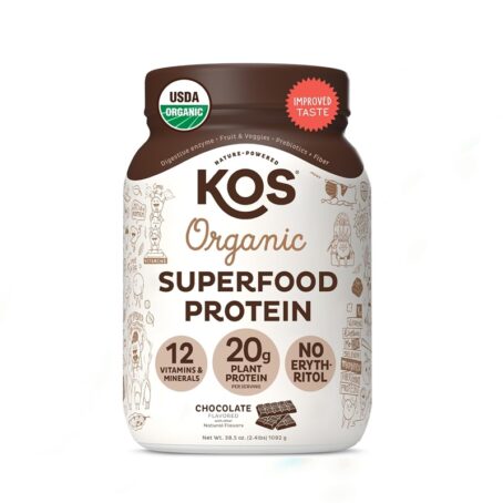 KOS Vegan Protein Powder Erythritol Free, Chocolate - Organic Pea Protein Blend, Plant Based Superfood Rich in Vitamins